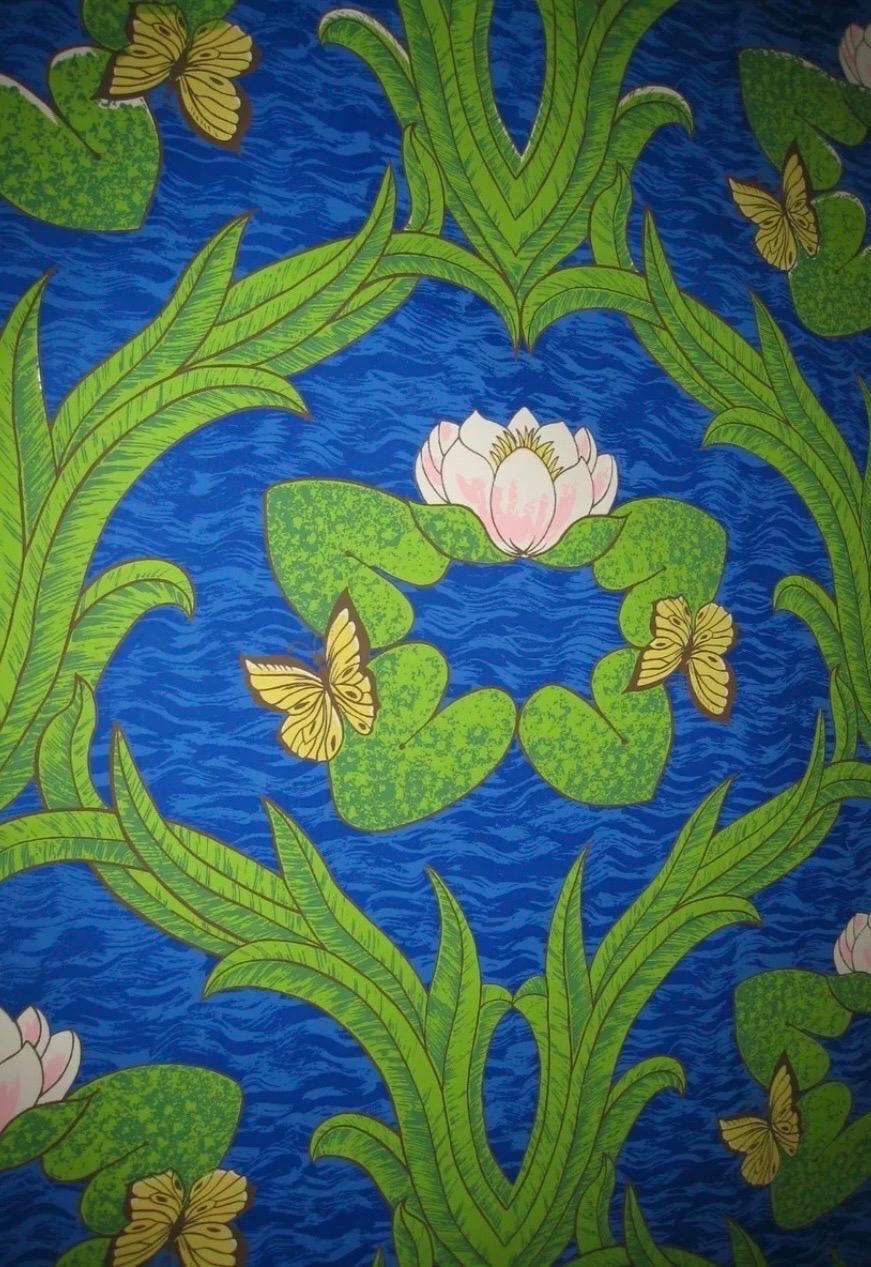 American Vintage Sherle Wagner Handprinted Water Lillies Wallpaper, 1960s, Vibrant Blue