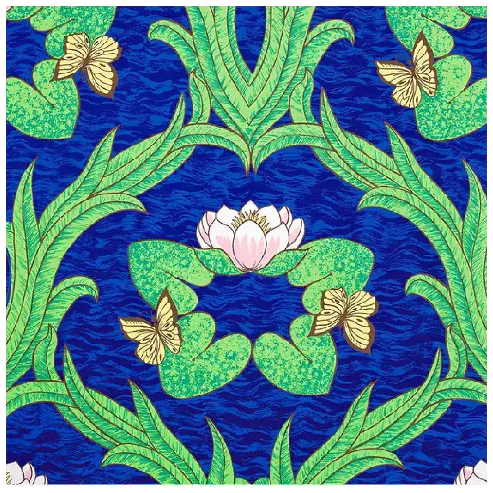Vintage Sherle Wagner Handbedruckte Wasserlillien-Tapete, 1960er Jahre, lebhaftes Blau im Angebot