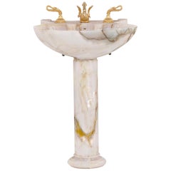Vintage Sherle Wagner Onyx Sculptural Pedestal Sink, Seashell Rose Marble Stone