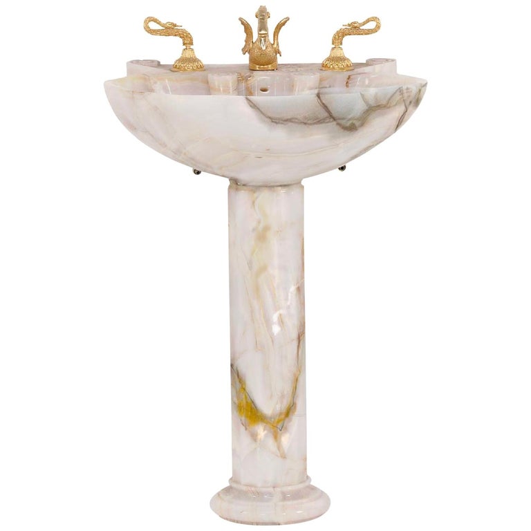 Vintage Sherle Wagner Onyx Sculptural Pedestal Sink Seashell Rose Marble Stone