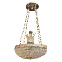 Lampada vintage Sherle Wagner a forma di cesto ovale con perline e cristalli pendenti, finitura argento
