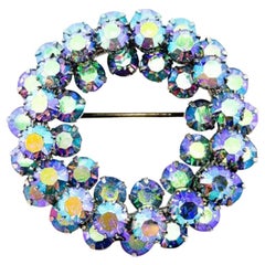 Vintage Sherman Blue Aurora Borealis Circle Brooch 1950s