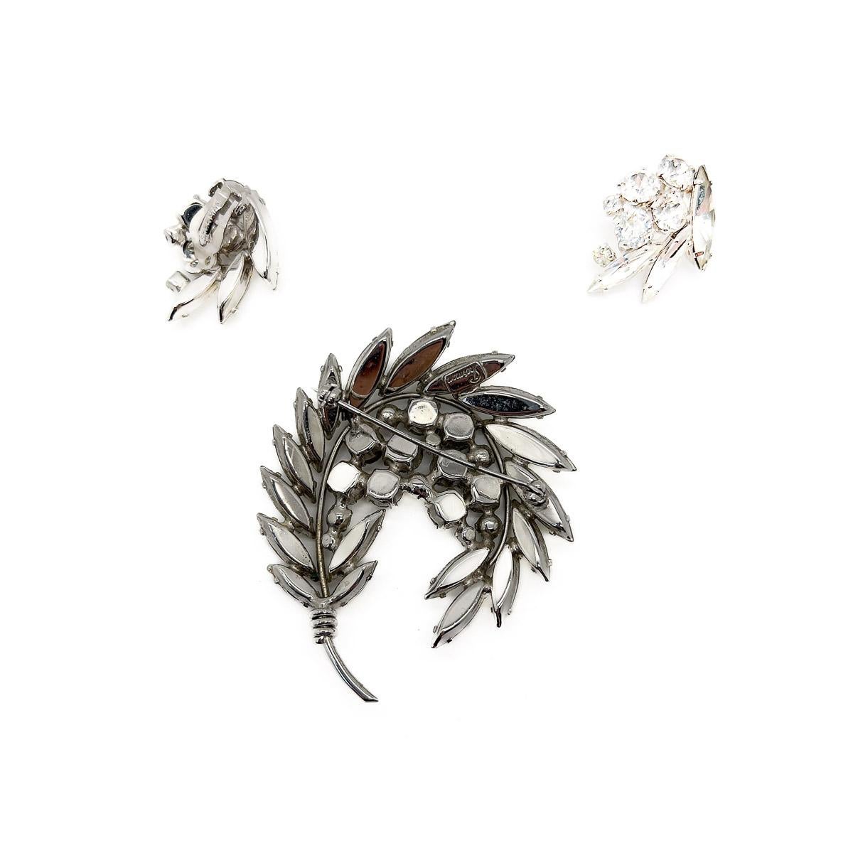Women's or Men's Vintage Sherman Floral Navette Brooch & Earrings 1950s For Sale