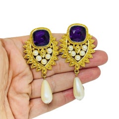 Vintage SHIALL JHAVERI for AVON signed gold amethyst pearls designer earrings