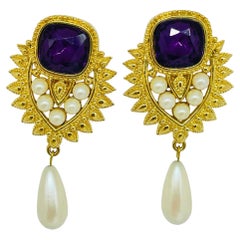 Vintage SHIALL JHAVERI for AVON signed gold amethyst pearls designer earrings