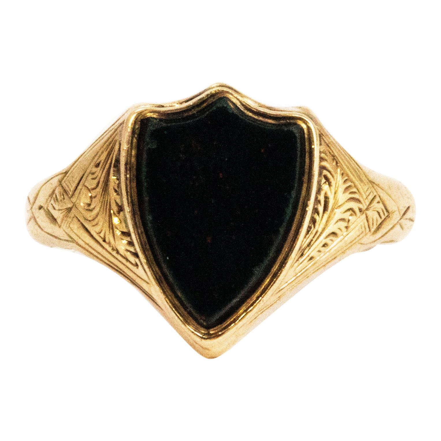 Vintage Shield Bloodstone and 9 Carat Gold Signet Ring