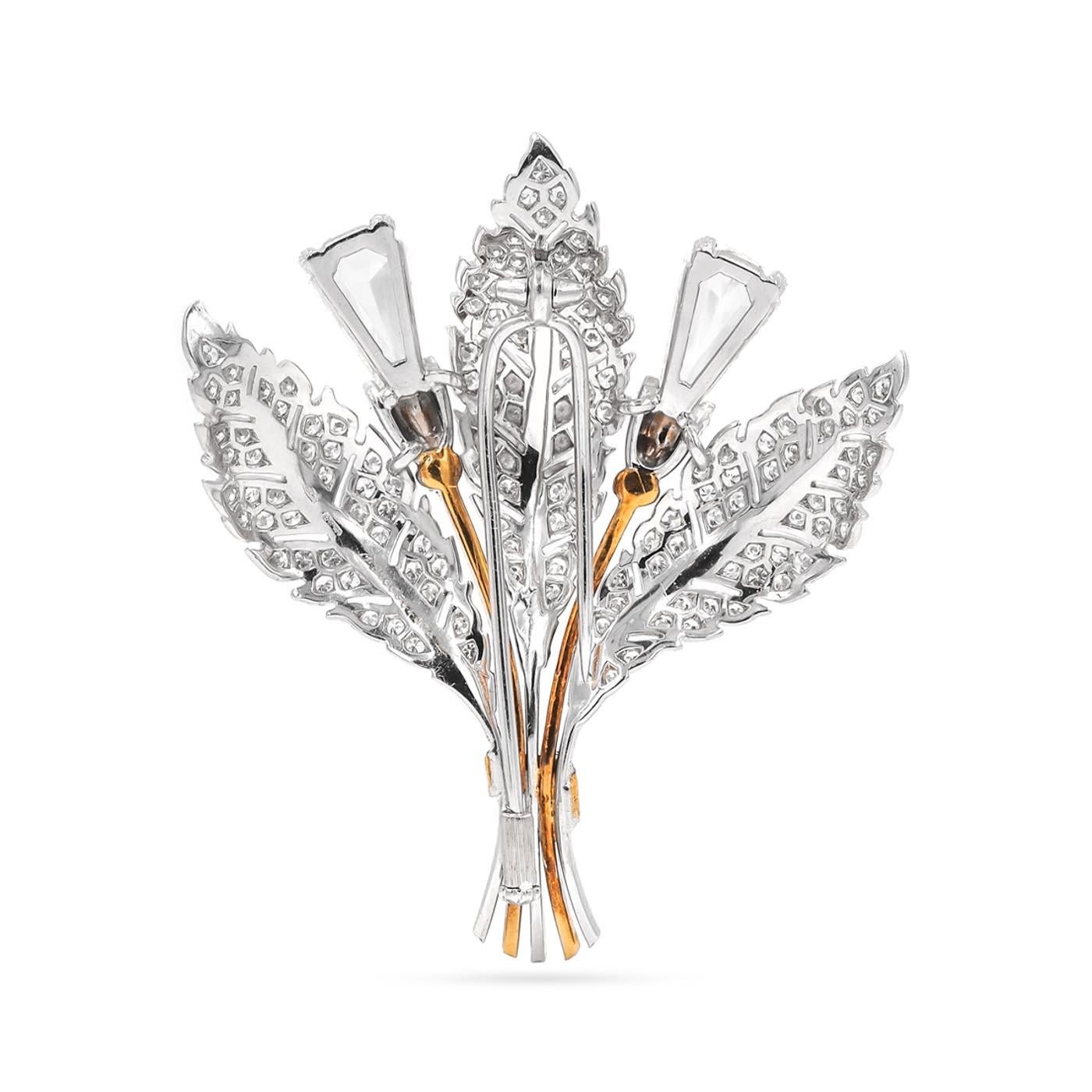 Modern Vintage Shield Cut Diamond Floral-Motif Brooch by Mario Buccellati For Sale
