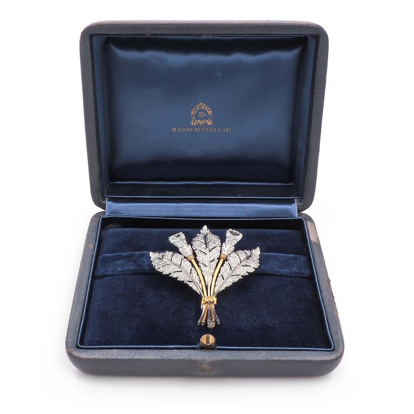 Women's or Men's Vintage Shield Cut Diamond Floral-Motif Brooch by Mario Buccellati For Sale