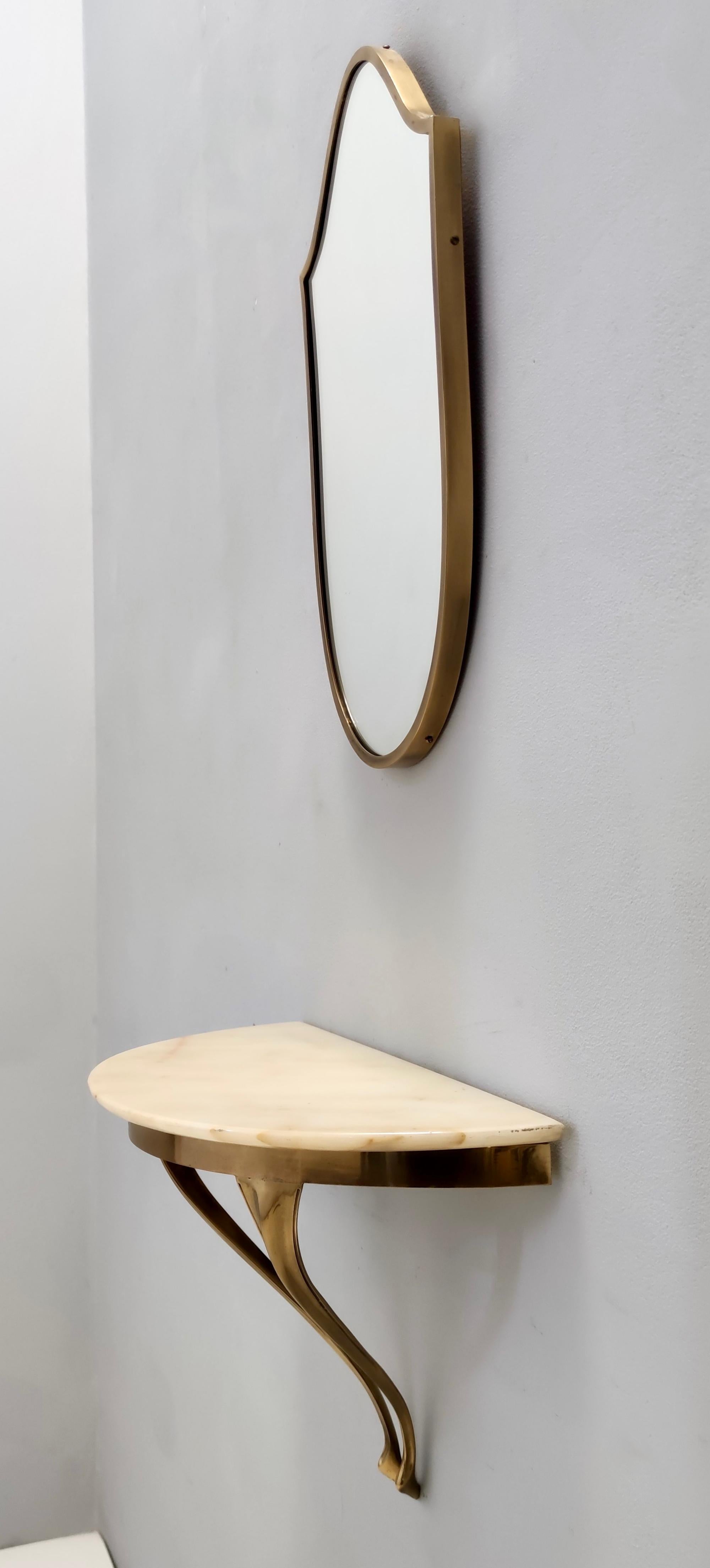 Mid-20th Century Vintage Shield Wall Mirror and a Wall-Mounted Console with a Marble Top, Italy