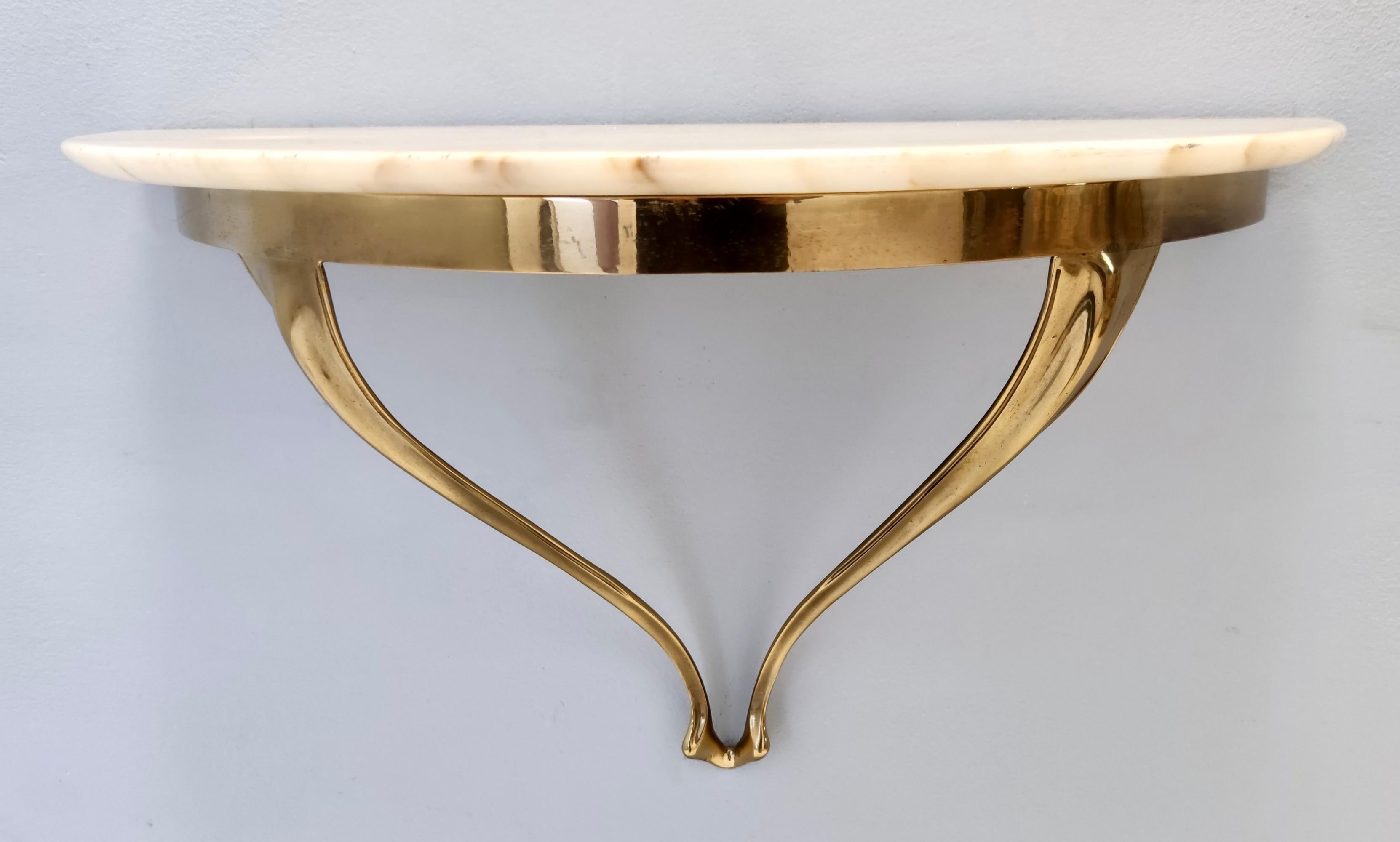 Brass Vintage Shield Wall Mirror and a Wall-Mounted Console with a Marble Top, Italy