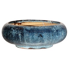 Vintage Shigaraki-Style Blue Planter with Organic Glaze and Wide Opening