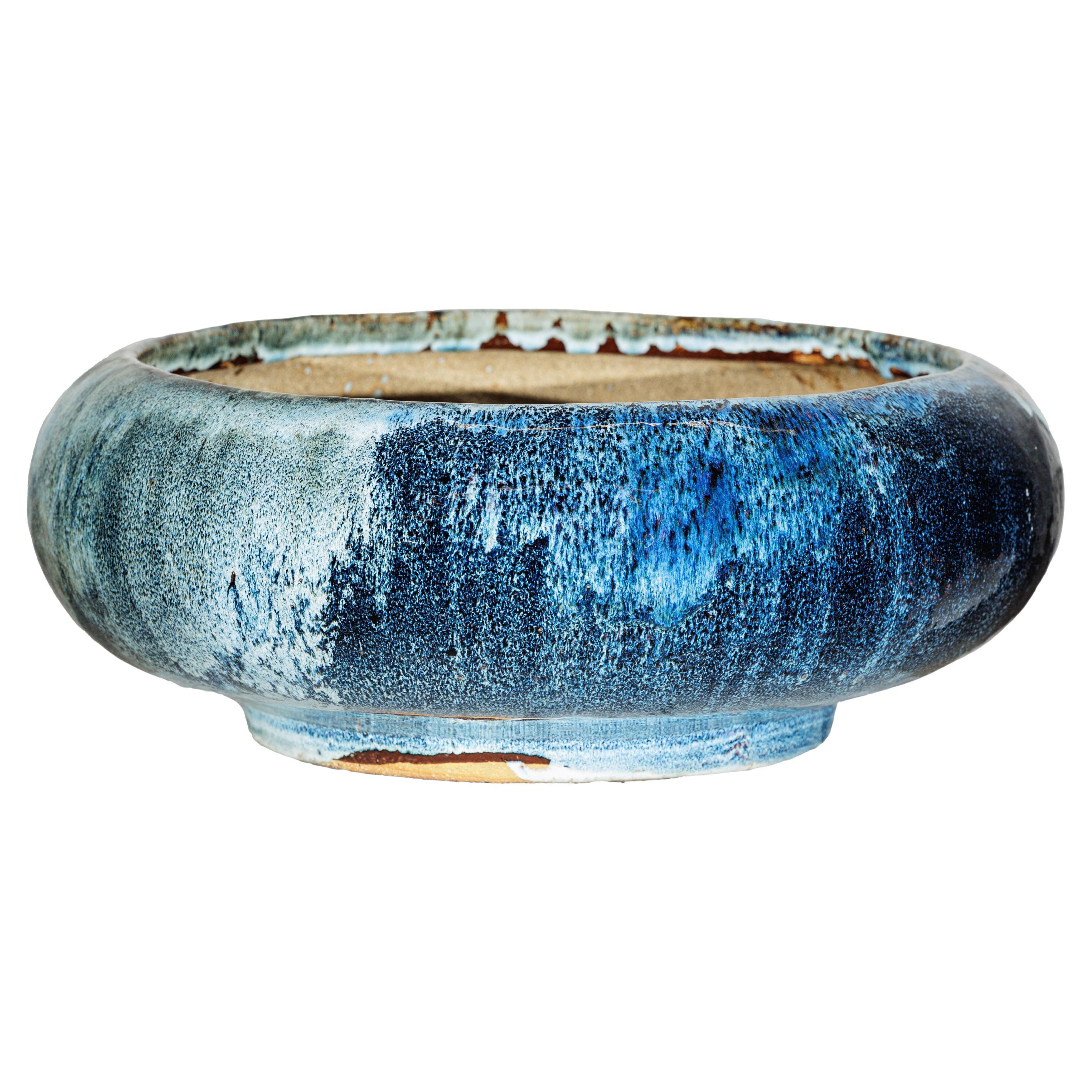 Jardinera Vintage Estilo Shigaraki Azul Claro con Esmalte Orgánico y Amplia Apertura