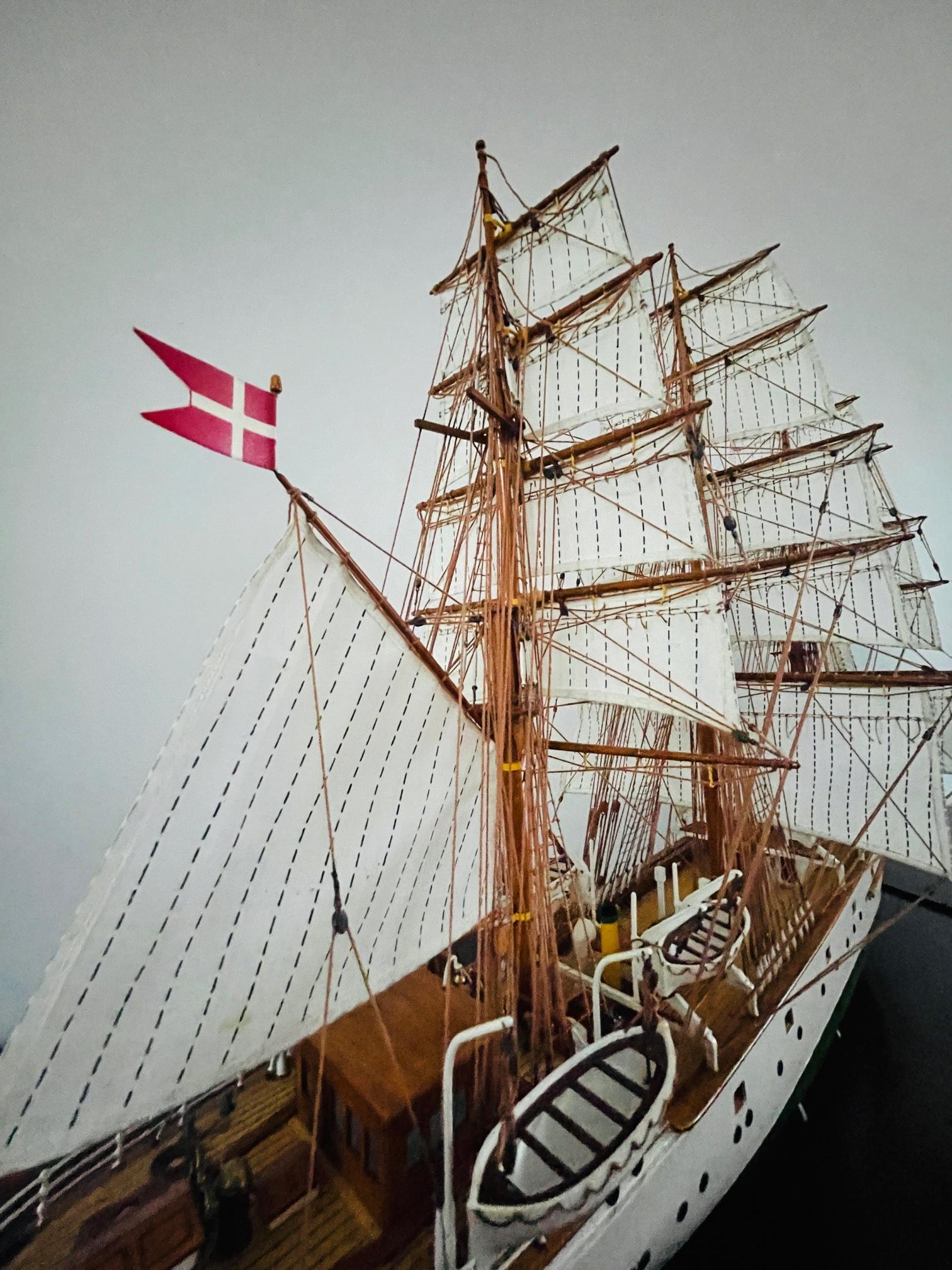Vintage Ship Model Danmark, Denmark Wooden Tall Ship Model in Display Cabinet 8