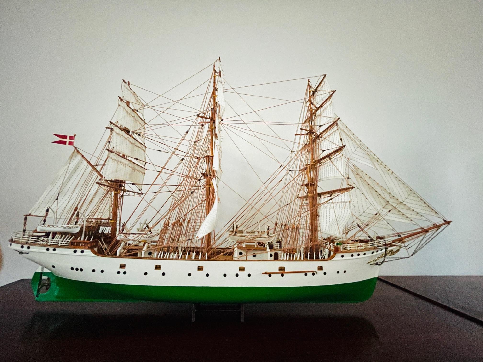 Vintage Ship Model Danmark, Denmark Wooden Tall Ship Model in Display Cabinet 9