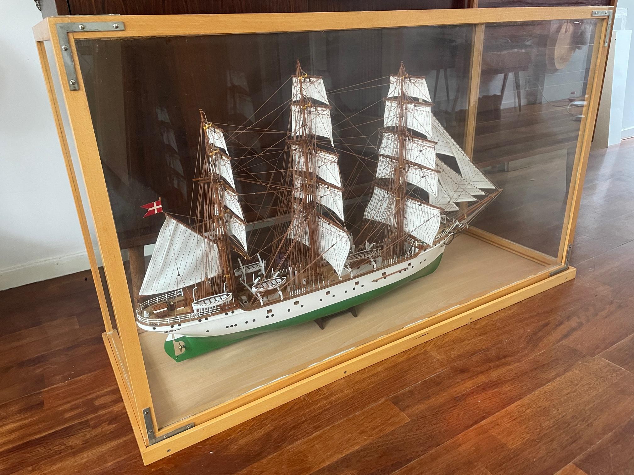 Vintage Ship Model Danmark, Denmark Wooden Tall Ship Model in Display Cabinet 11