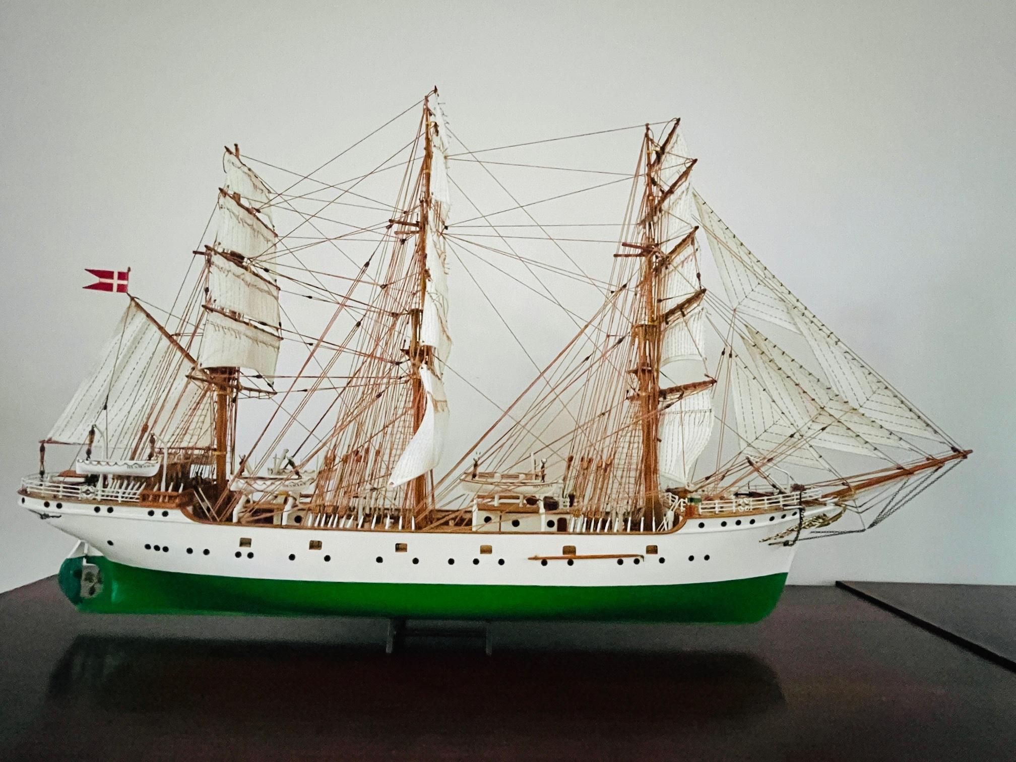 Arts and Crafts Vintage Ship Model Danmark, Denmark Wooden Tall Ship Model in Display Cabinet