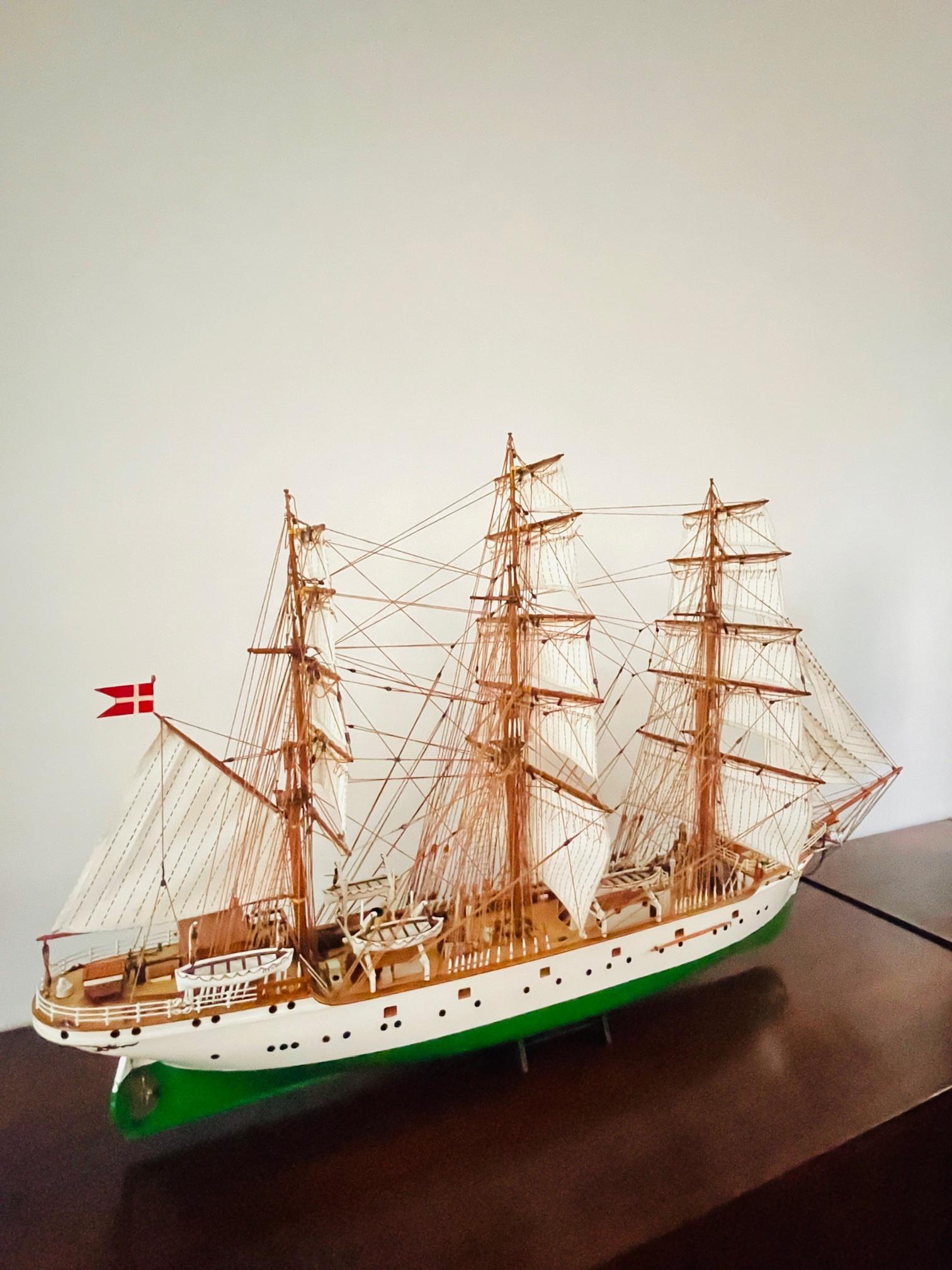 British Vintage Ship Model Danmark, Denmark Wooden Tall Ship Model in Display Cabinet