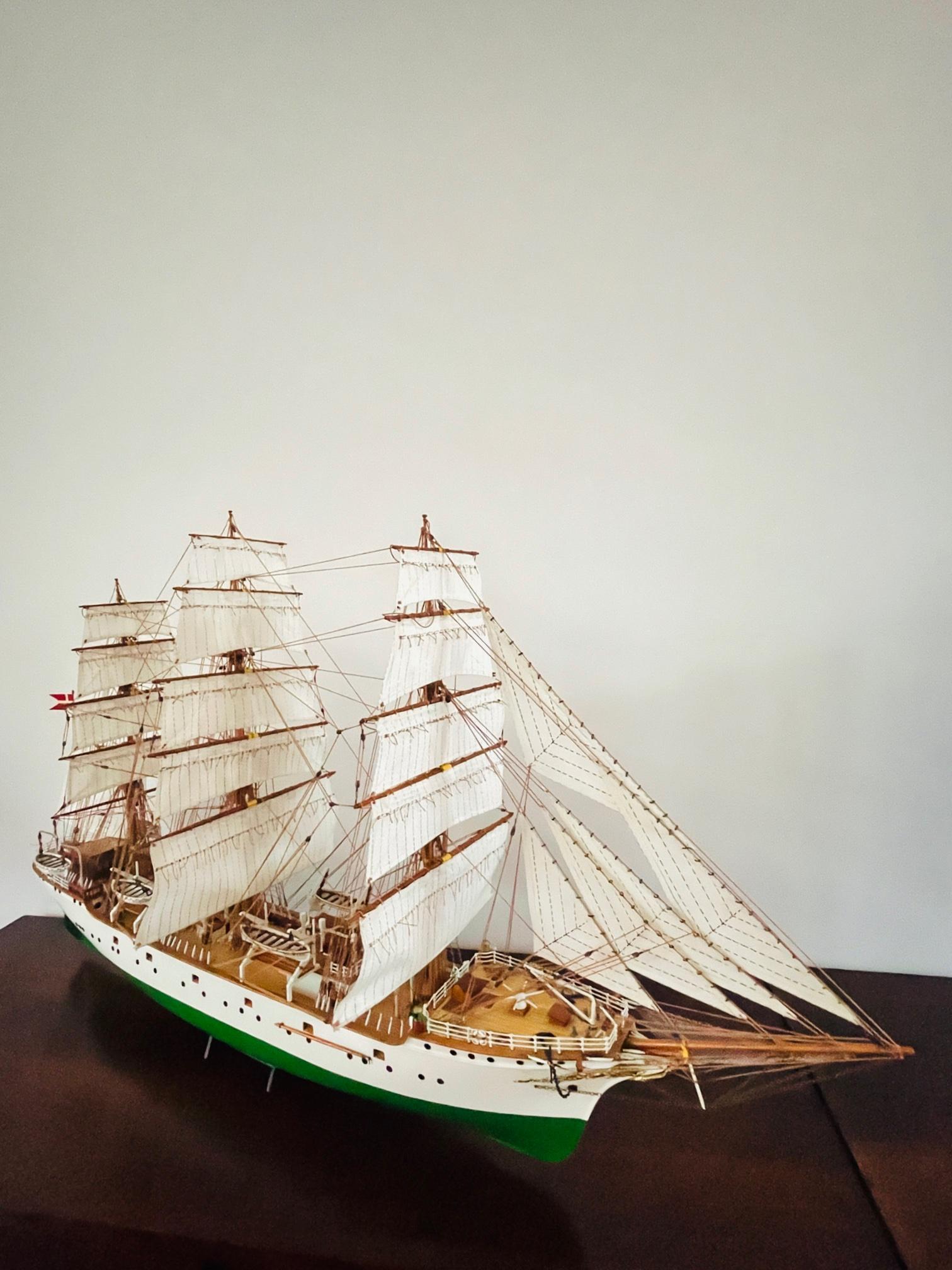 Late 20th Century Vintage Ship Model Danmark, Denmark Wooden Tall Ship Model in Display Cabinet