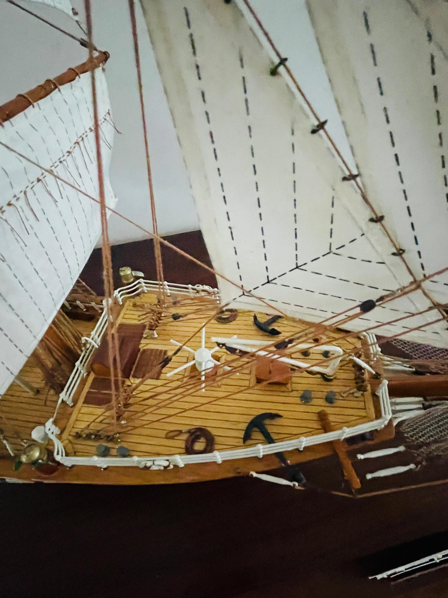 Fabric Vintage Ship Model Danmark, Denmark Wooden Tall Ship Model in Display Cabinet