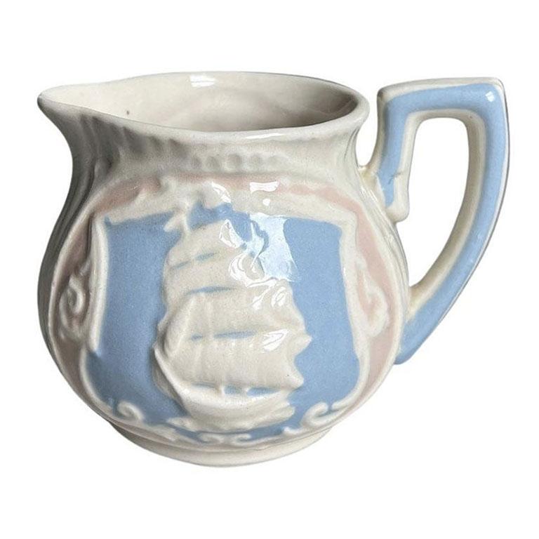 Mid-Century Modern Vintage Ship Motif Ceramic Creamer Pitcher in Blue and Pink - Japan For Sale