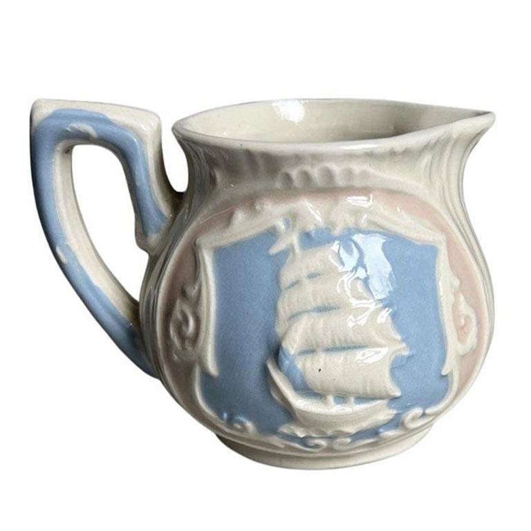 Japanese Vintage Ship Motif Ceramic Creamer Pitcher in Blue and Pink - Japan For Sale