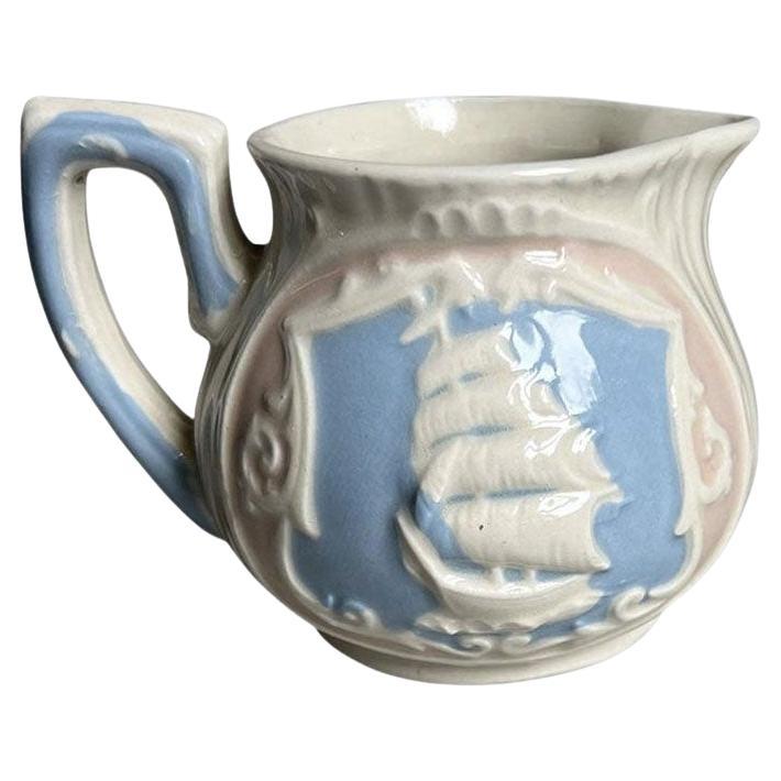 Vintage Ship Motif Ceramic Creamer Pitcher in Blue and Pink - Japan