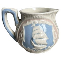 Vintage Ship Motif Ceramic Creamer Pitcher in Blue and Pink - Japan