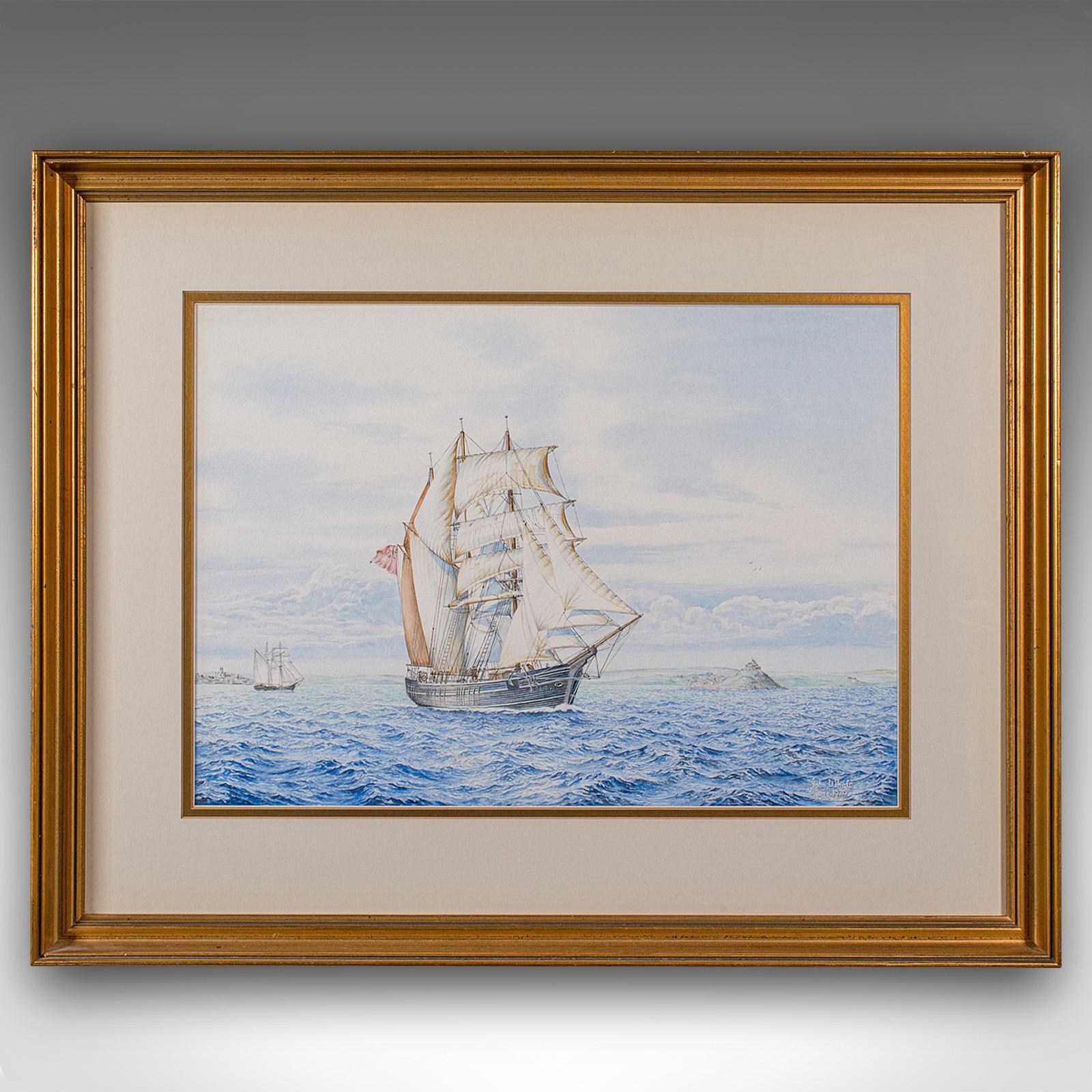 This is a vintage ship painting. An English, framed maritime watercolour with nautical interest by John Whale, dating to the late 20th century.

Delightful 'golden age of sailing' watercolour
Displays a desirable aged patina throughout
Set within a
