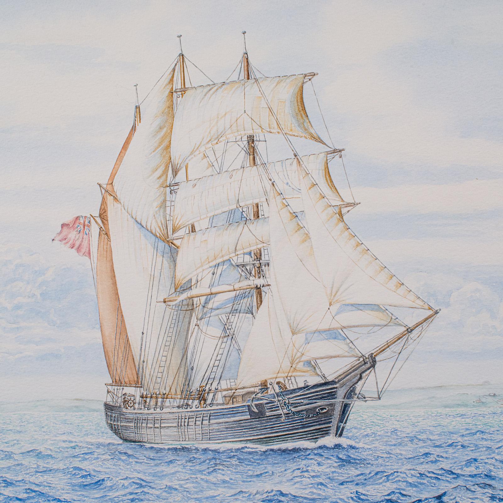 Vintage Ship Painting, English, Framed Maritime Art, Watercolour, Nautical Scene In Good Condition For Sale In Hele, Devon, GB