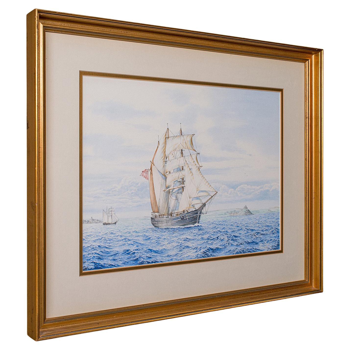 Vintage Ship Painting, English, Framed Maritime Art, Watercolour, Nautical Scene