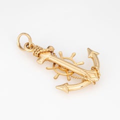 Vintage Ships Anchor Charm 18k Yellow Gold Fine Pendant Nautical Wheel Rope