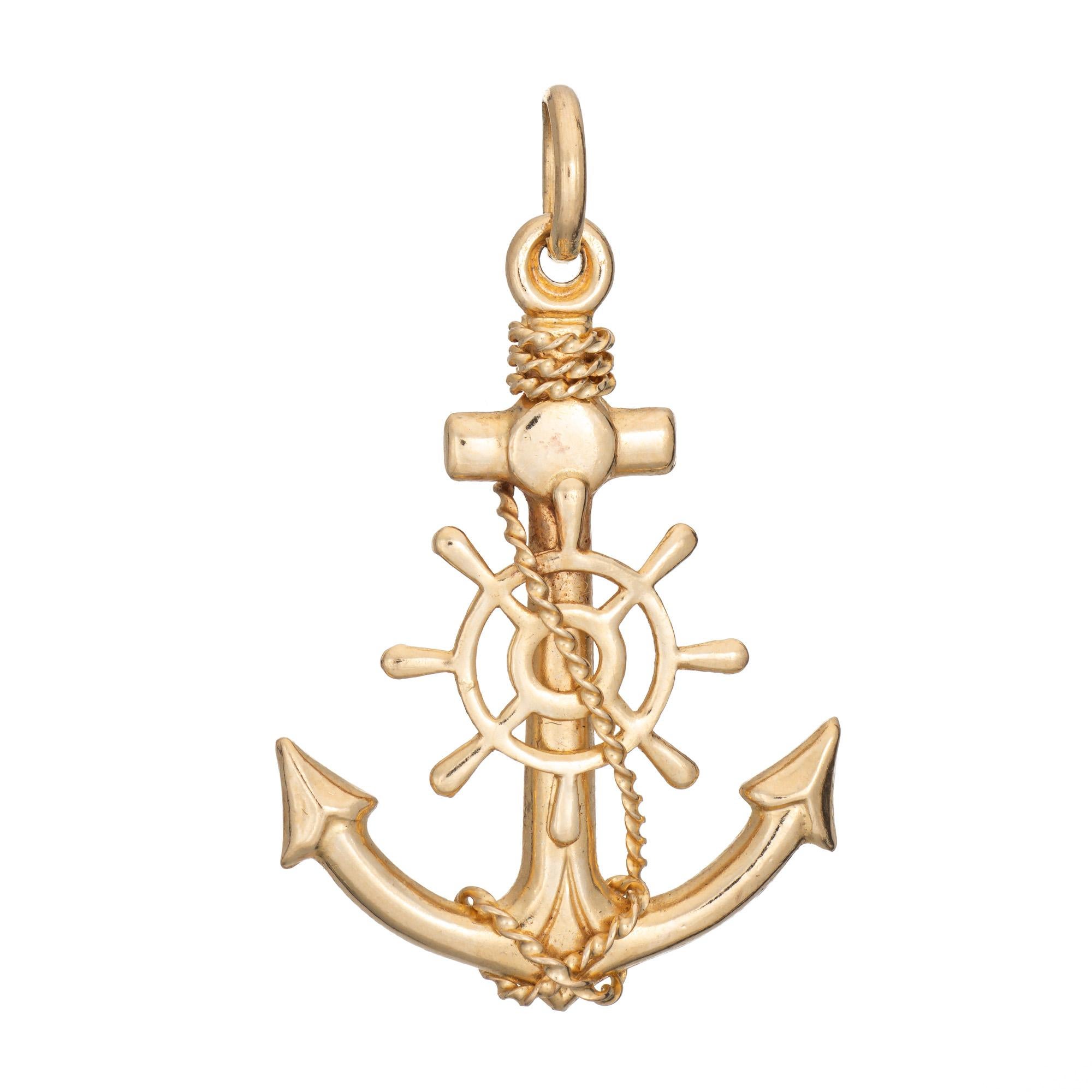 Modern Vintage Ships Anchor Charm 18k Yellow Gold Fine Pendant Nautical Wheel Rope For Sale