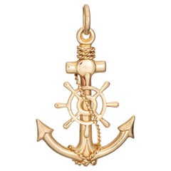 Vintage Ships Anchor Charm 18k Yellow Gold Fine Pendant Nautical Wheel Rope