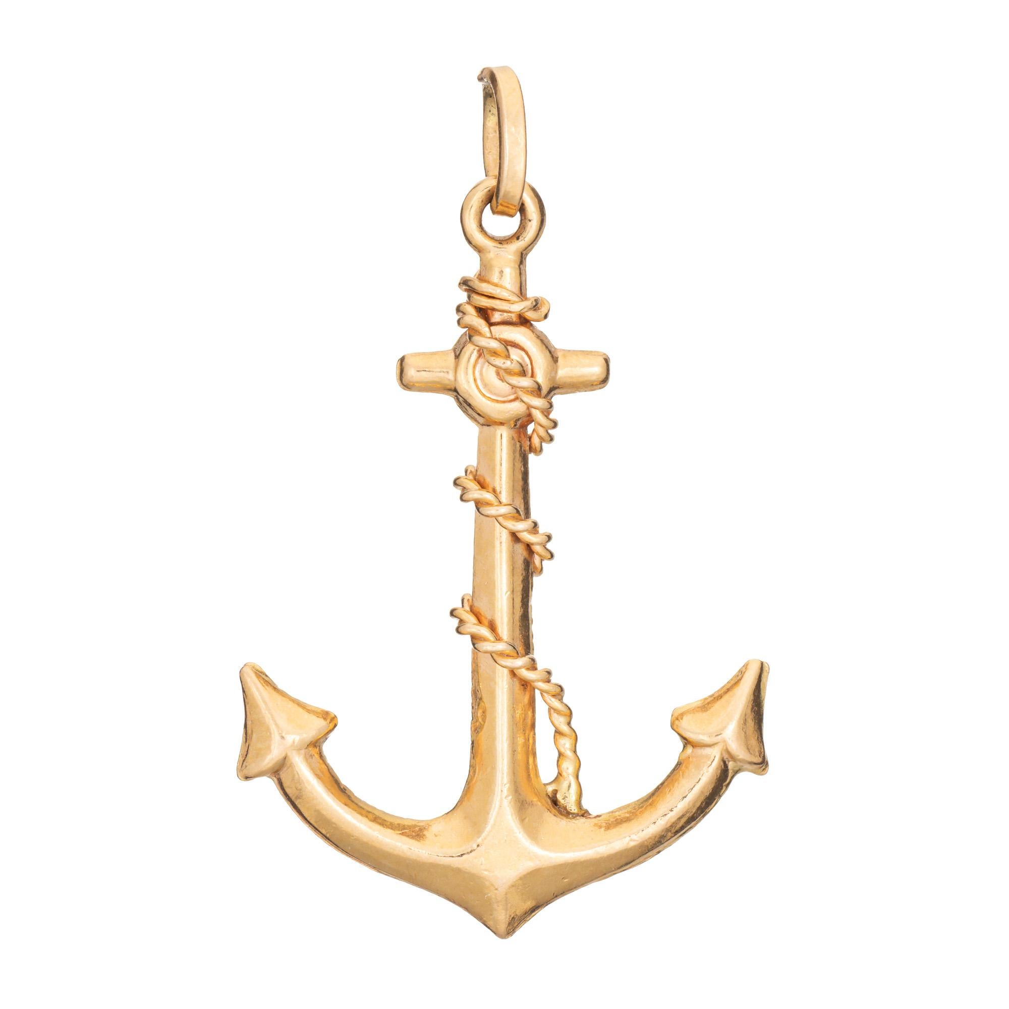 Modern Vintage Ships Anchor Charm 18k Yellow Gold Pendant Fine Nautical Jewelry Rope For Sale
