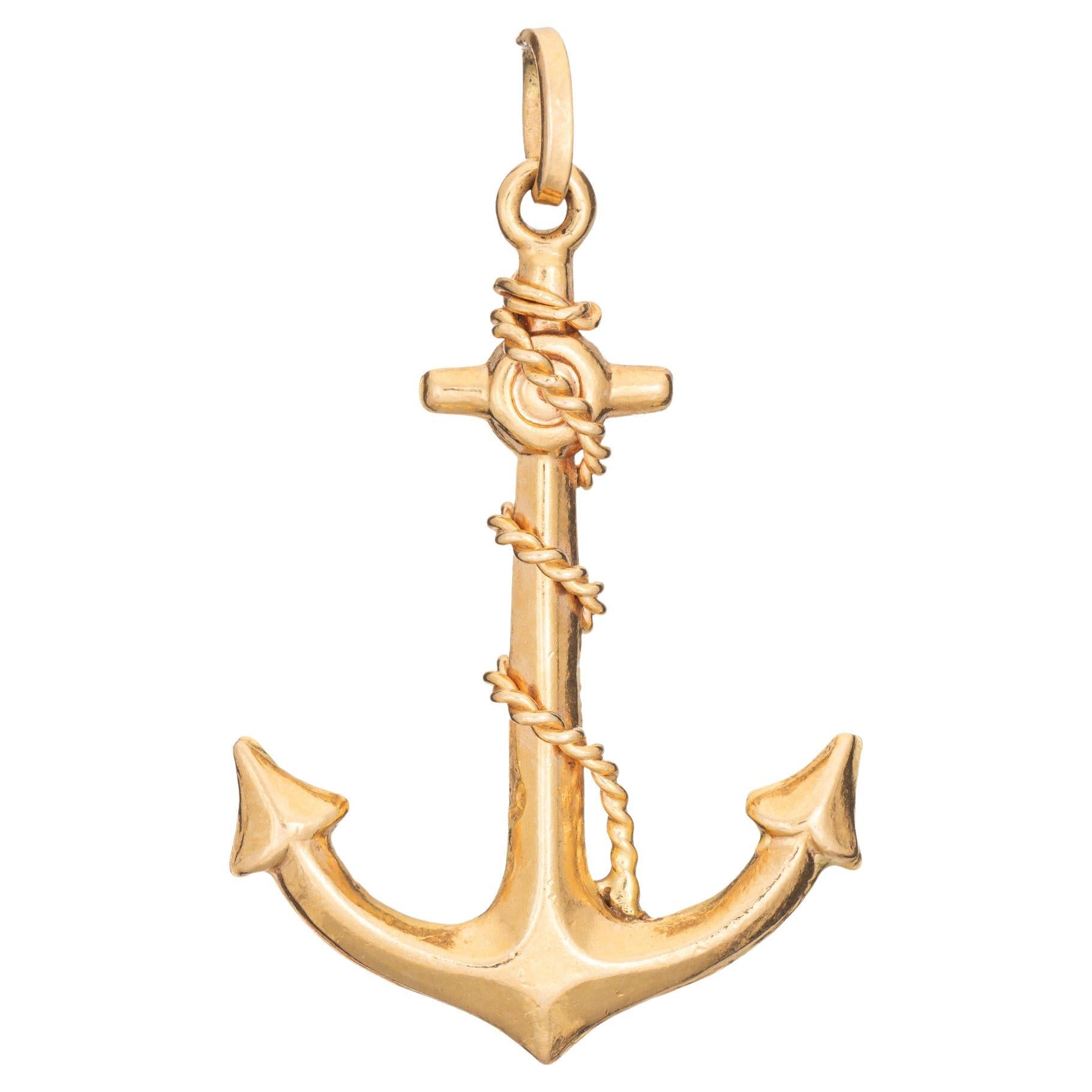 Vintage Ships Anchor Charm 18k Yellow Gold Pendant Fine Nautical Jewelry Rope
