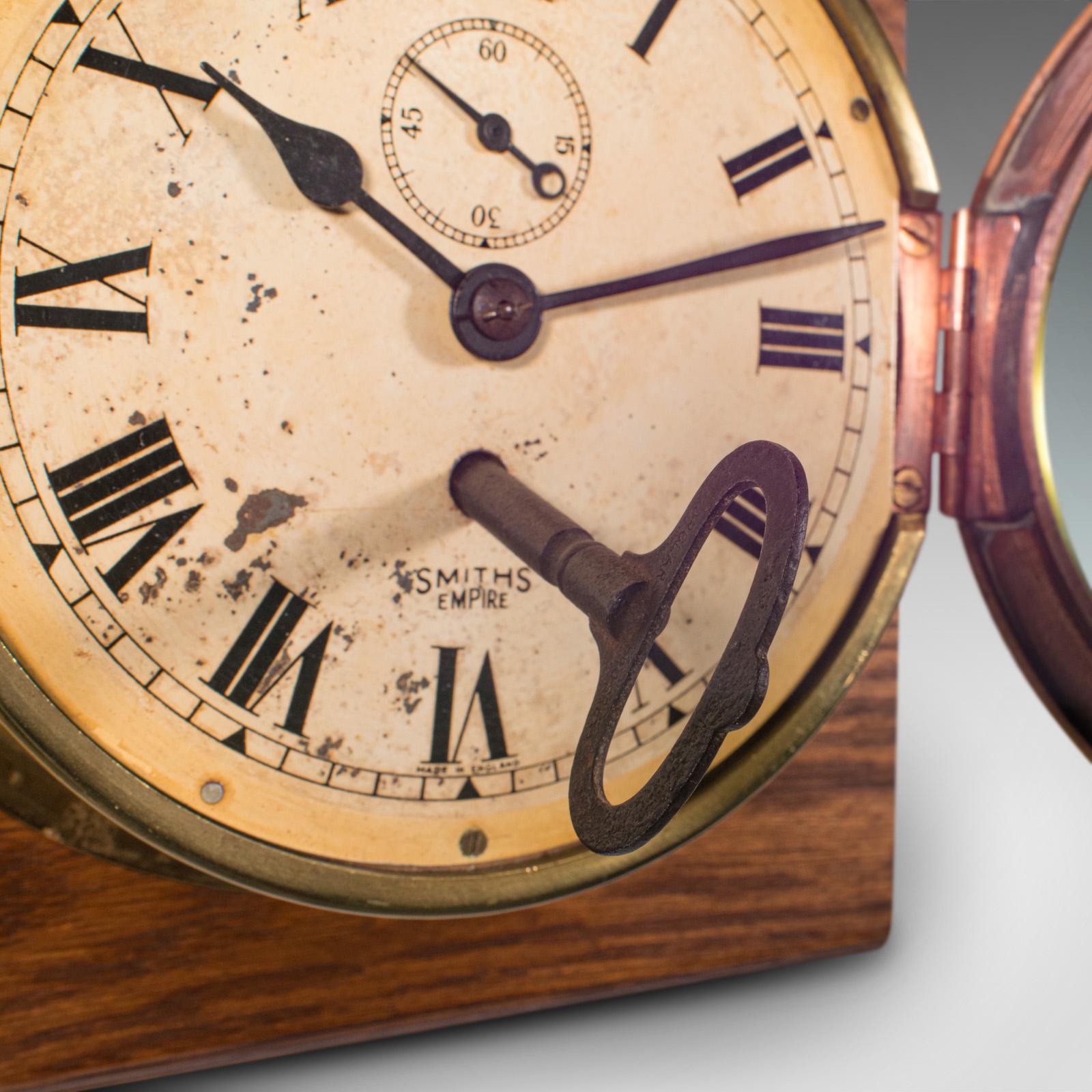 Vintage Ship's Bulkhead Clock, English, Brass, Oak, Maritime, Early 20th Century 1