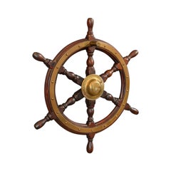 Vintage Ship's Wheel, English, Oak, Brass, Decorative, Maritime, Display, 1950