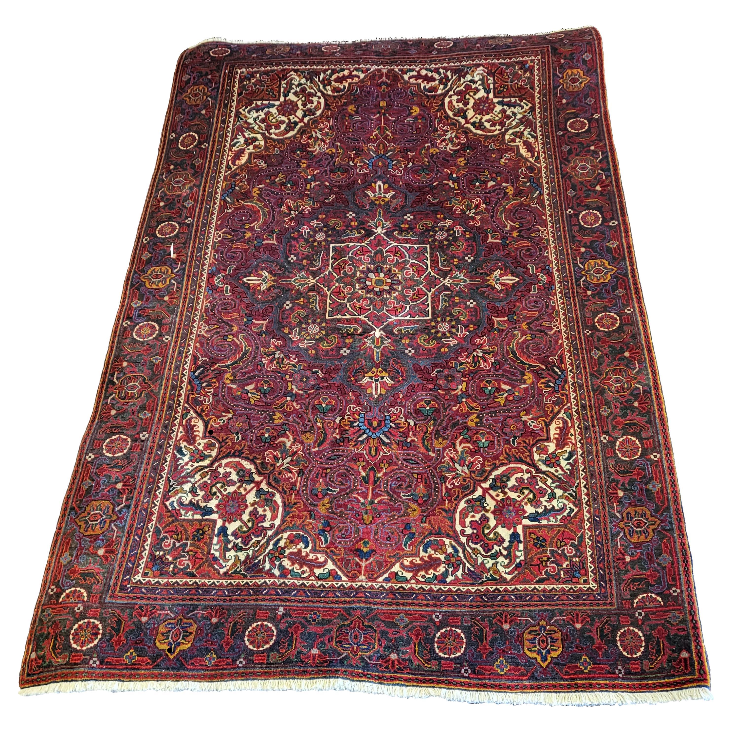 Vintage Shiravian Heriz - Tribal Persian Serapi - Dark Maroon / Purple , Cream For Sale