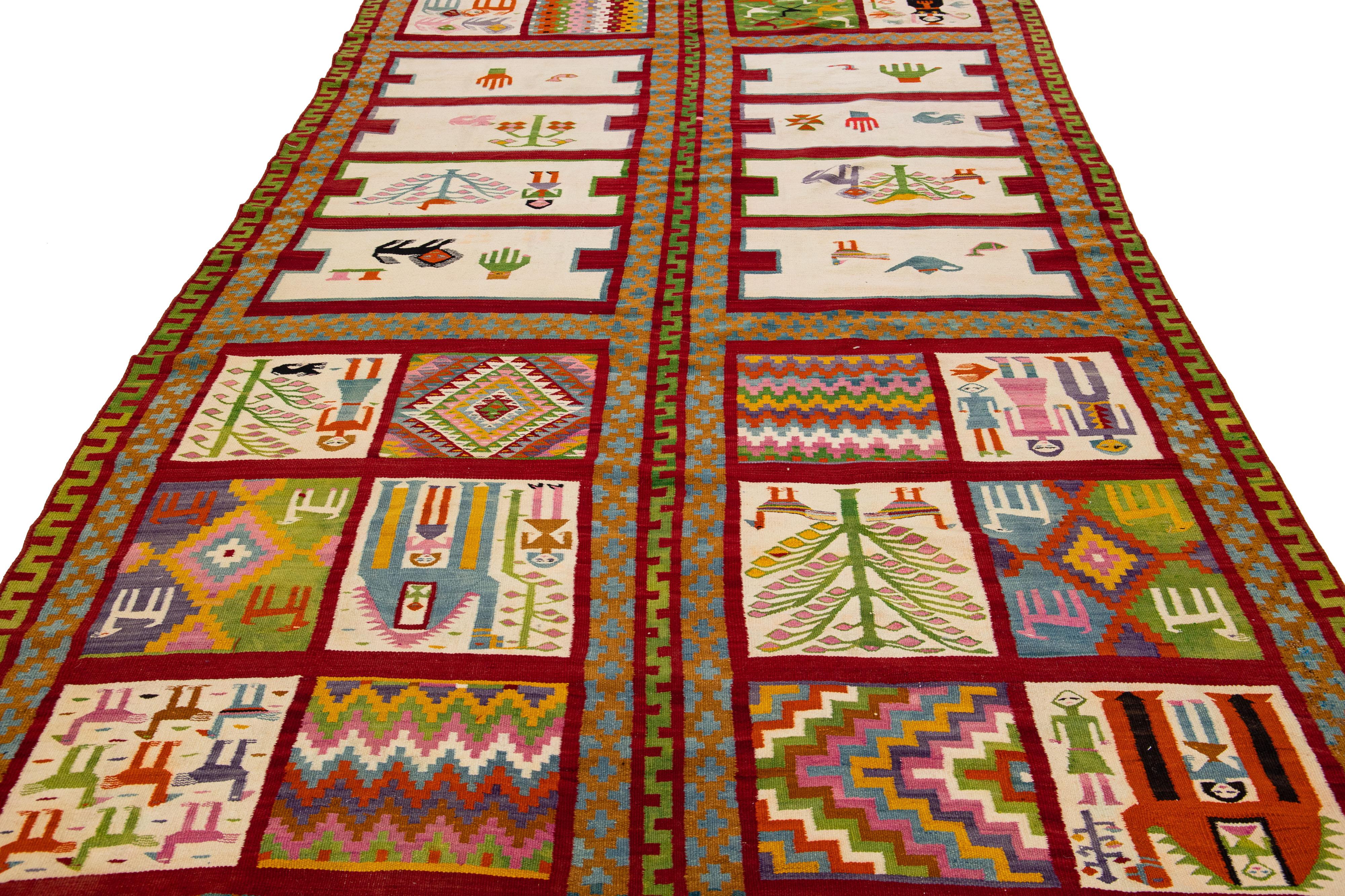 Islamic Vintage Shiraz Handmade Kilim Multicolor Gallery Wool Rug with Pictorial Design For Sale