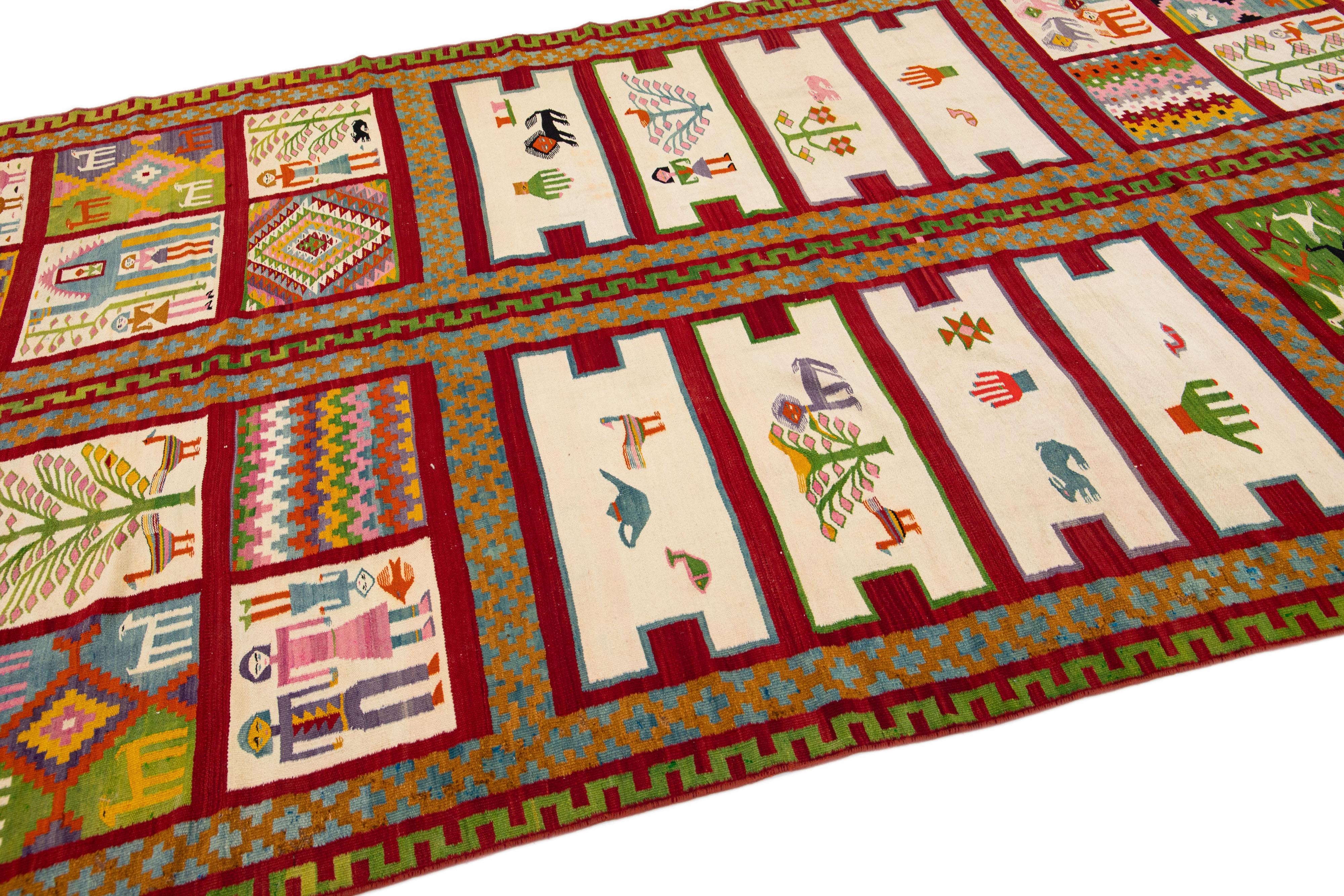 Hand-Knotted Vintage Shiraz Handmade Kilim Multicolor Gallery Wool Rug with Pictorial Design For Sale