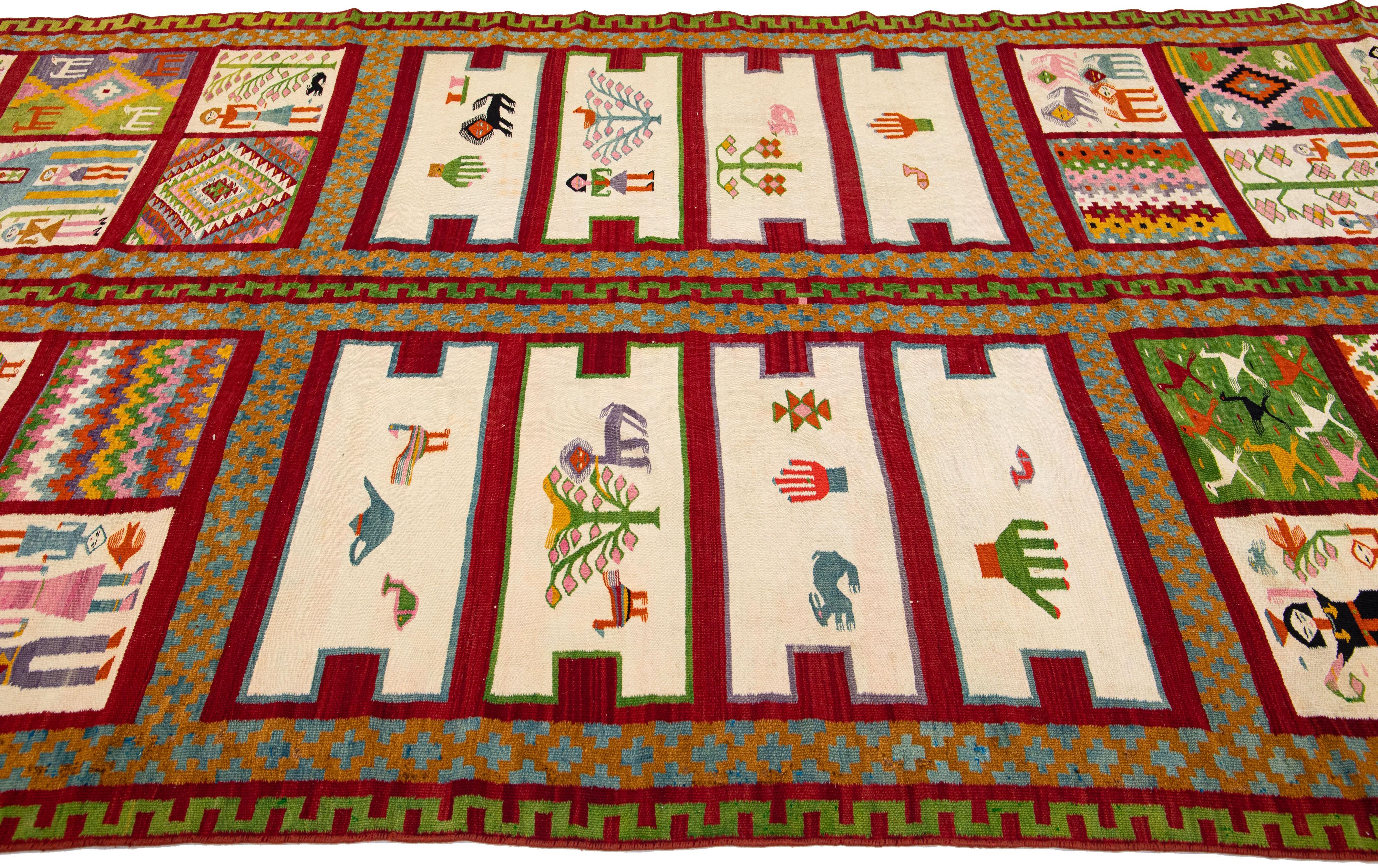 Vintage Shiraz Handmade Kilim Multicolor Gallery Wool Rug with Pictorial Design In Good Condition For Sale In Norwalk, CT