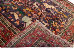 Vintage Shiraz Handmade Pictorial Designed Blue Wool Rug