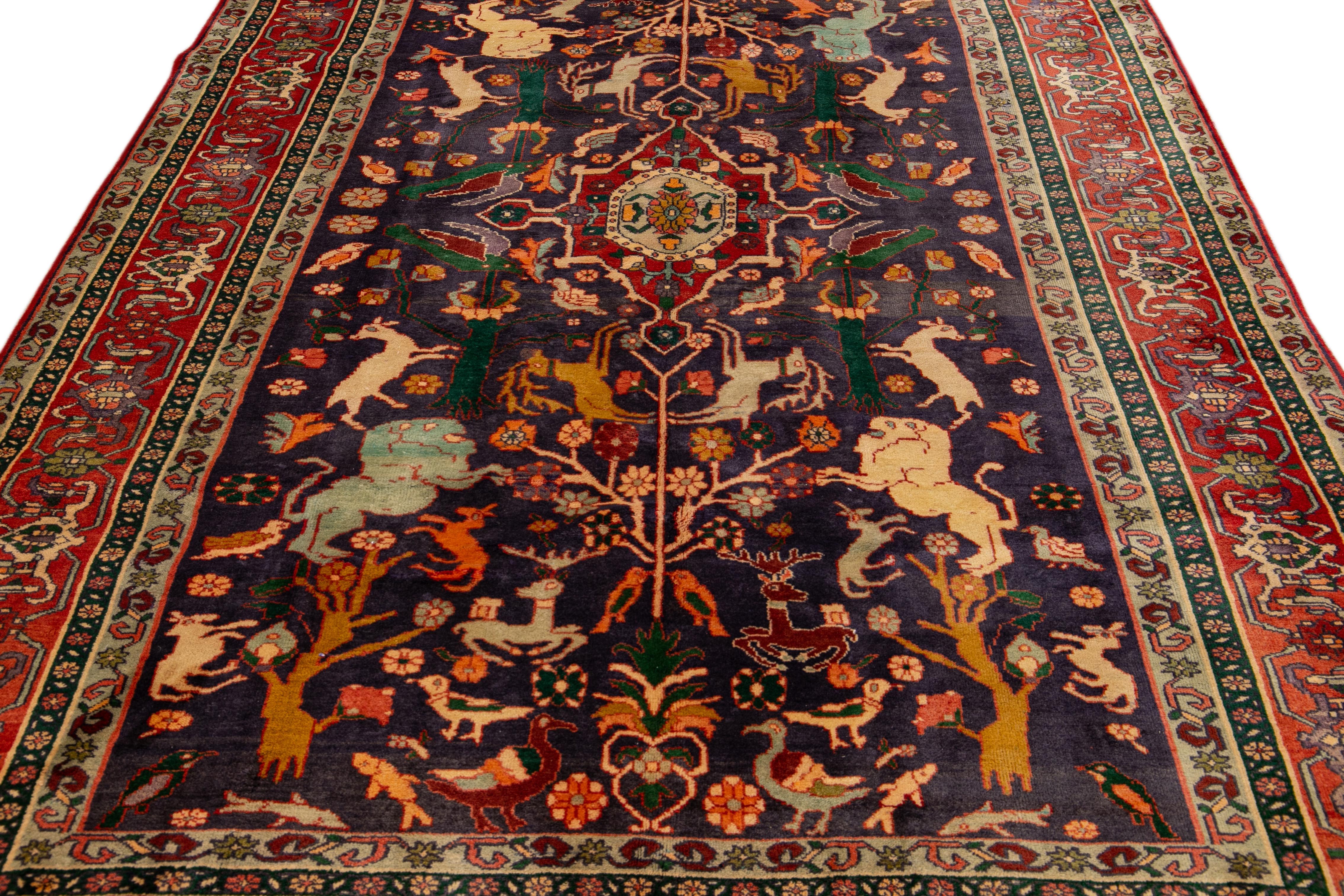 Islamic Vintage Shiraz Handmade Pictorial Designed Blue Wool Rug For Sale