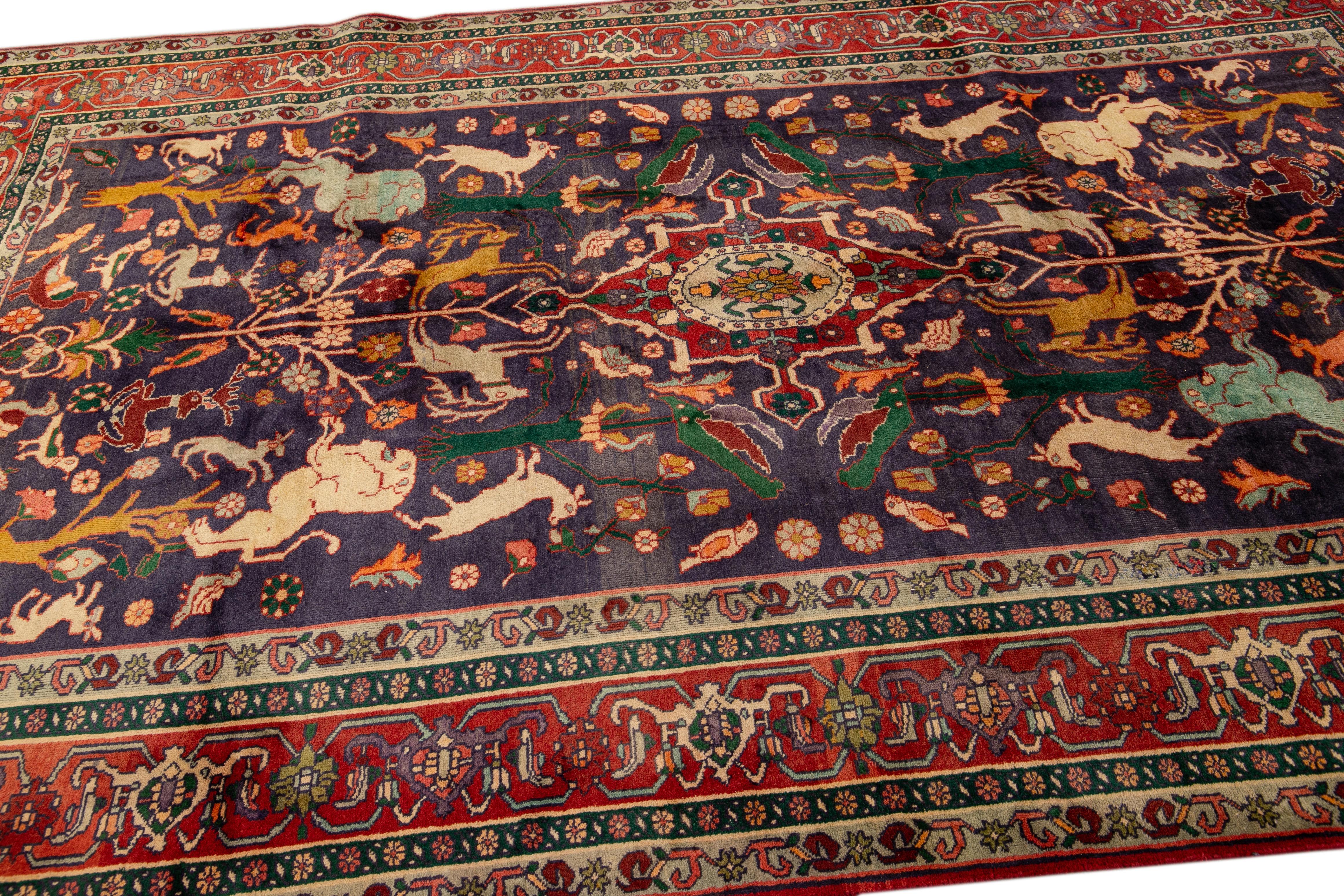 Vintage Shiraz Handmade Pictorial Designed Blue Wool Rug In Good Condition For Sale In Norwalk, CT