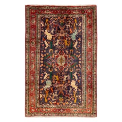 Vintage Shiraz Handmade Pictorial Designed Blue Wool Rug