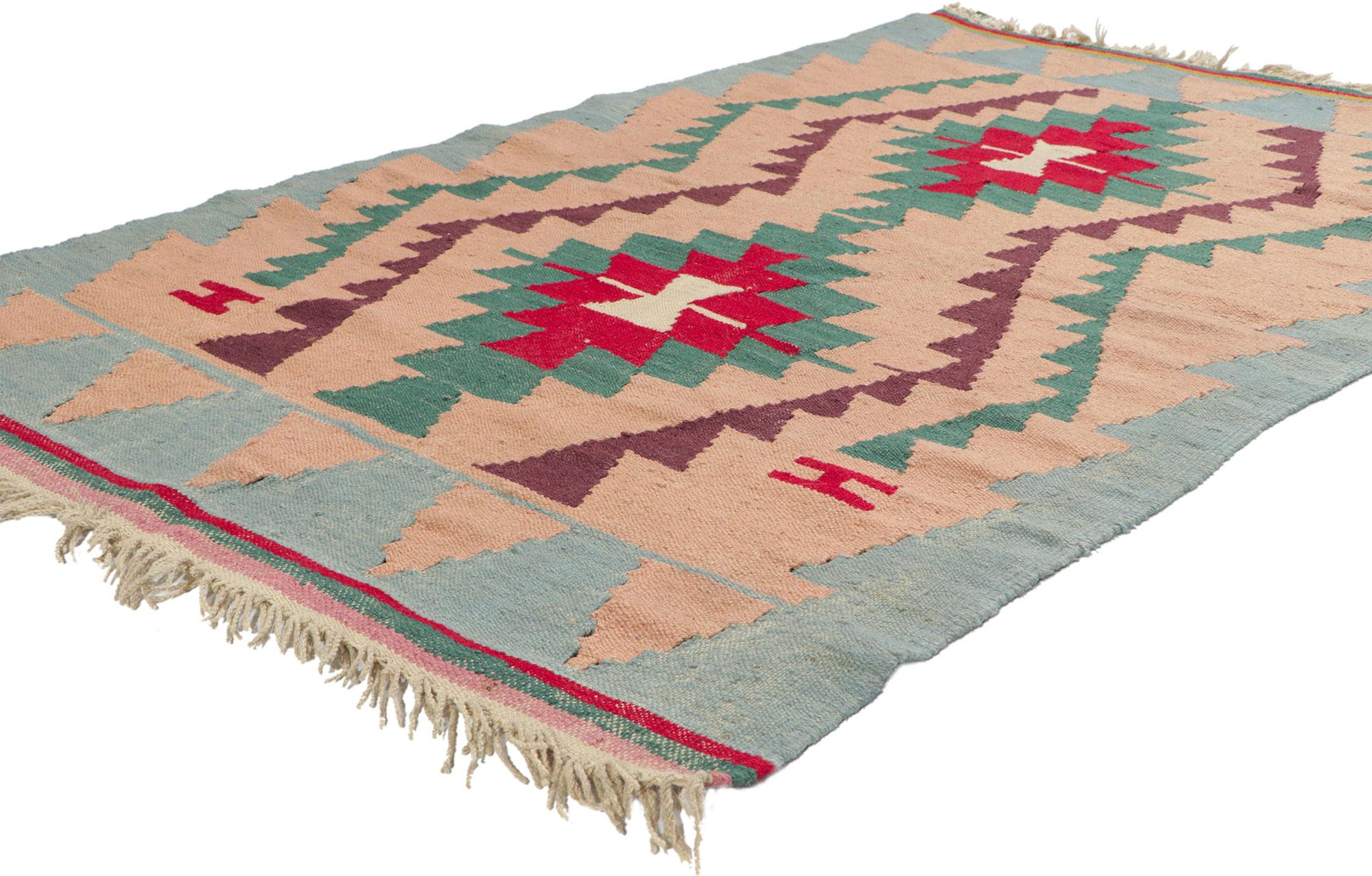 78068 Vintage Persian Shiraz Kilim Rug, 03'09 x 06'00. Full of tiny details and a bold expressive design, this handwoven wool vintage Shiraz Kilim rug is a captivating vision of woven beauty. The abrashed field is composed of two concentric star