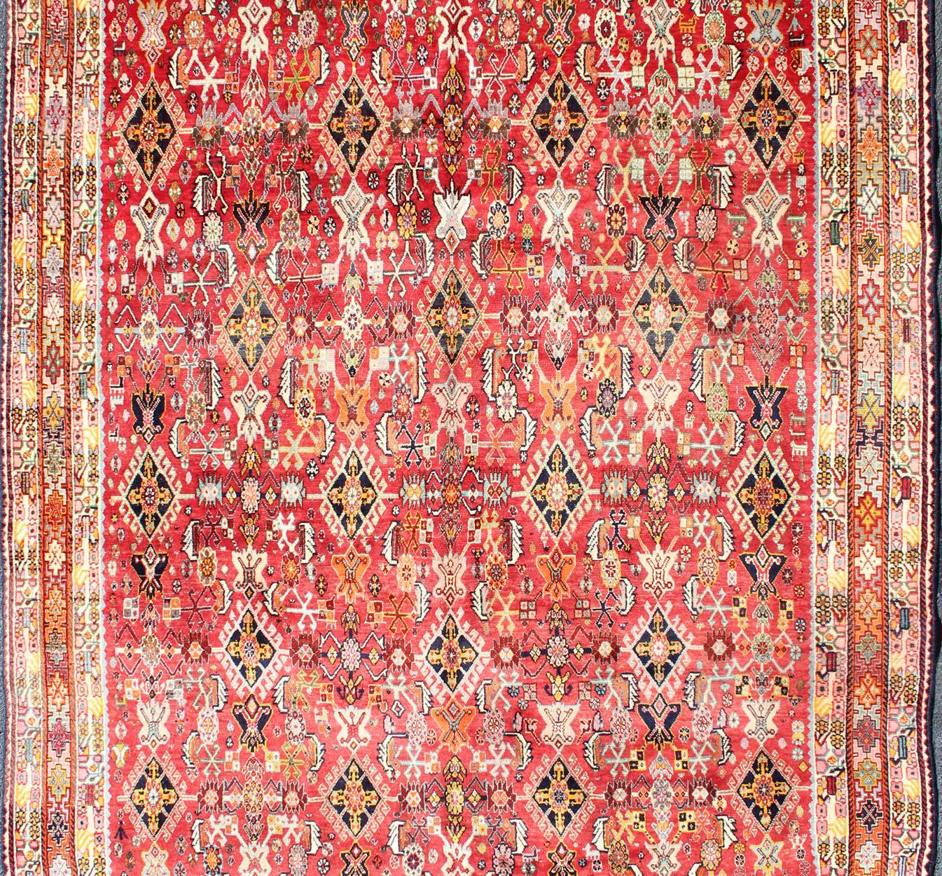 Tribal Vintage Shiraz/Qashgai Persian Rug in All-Over Design in Red and Multi-Colors