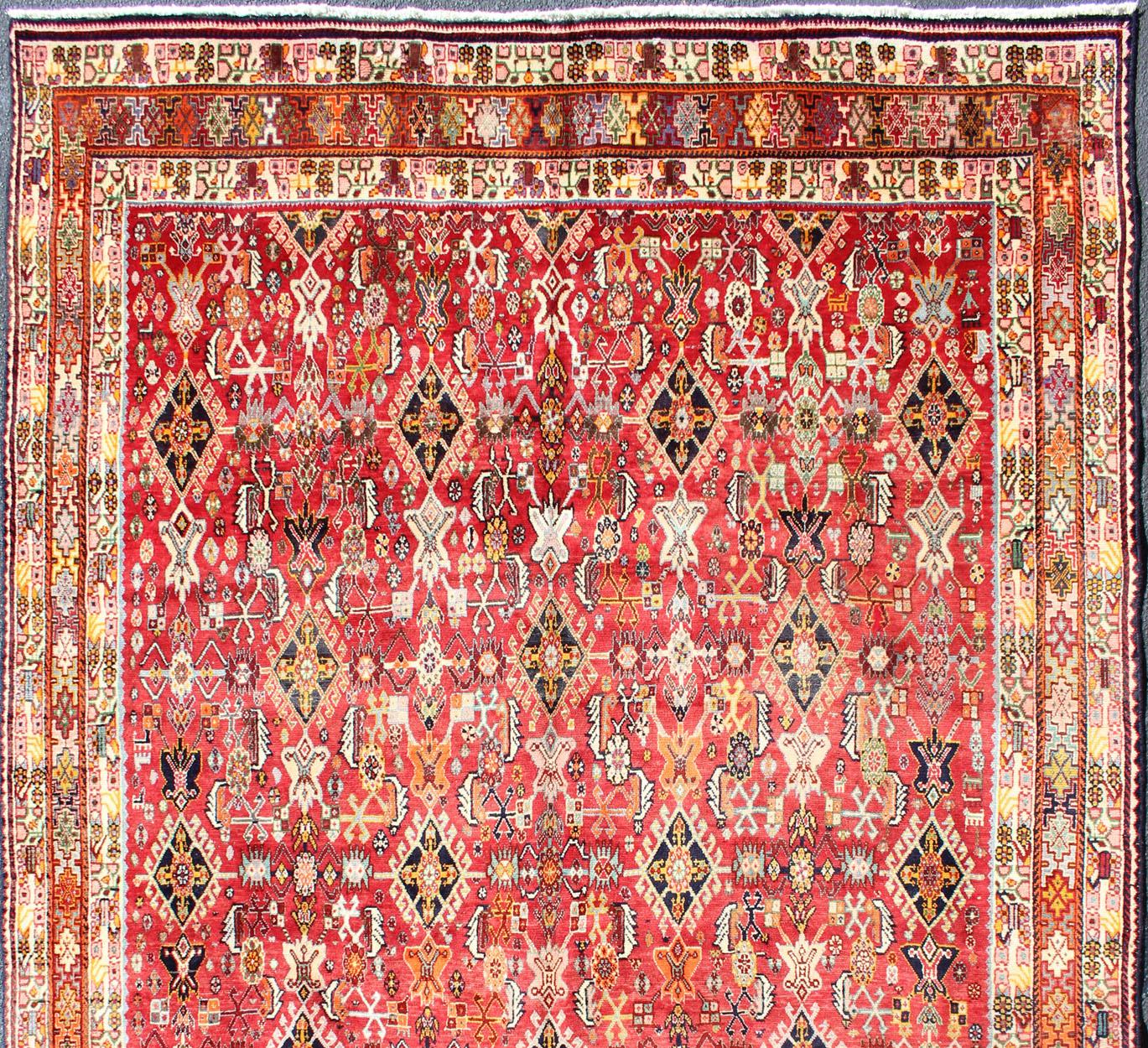 Hand-Knotted Vintage Shiraz/Qashgai Persian Rug in All-Over Design in Red and Multi-Colors