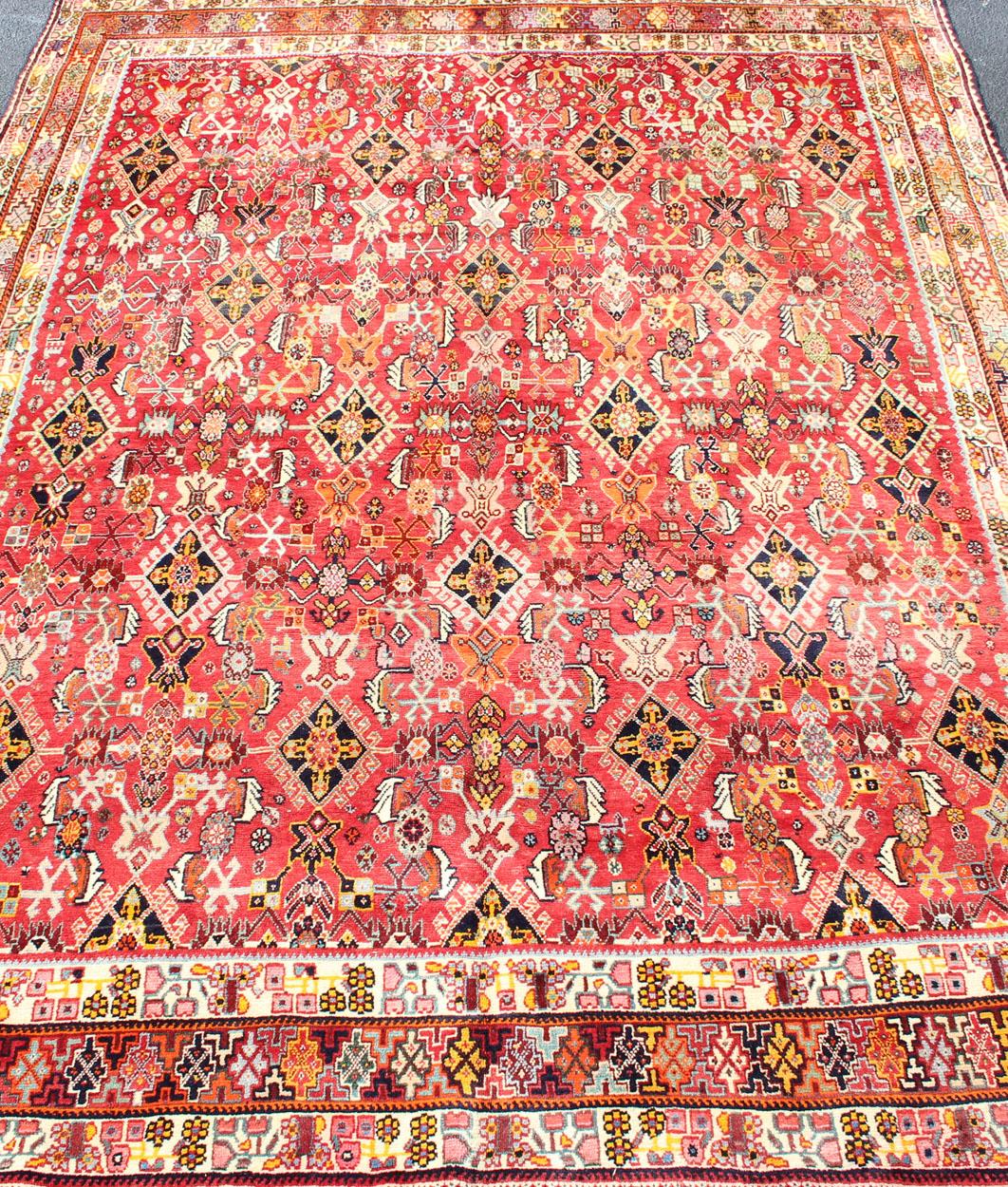 20th Century Vintage Shiraz/Qashgai Persian Rug in All-Over Design in Red and Multi-Colors
