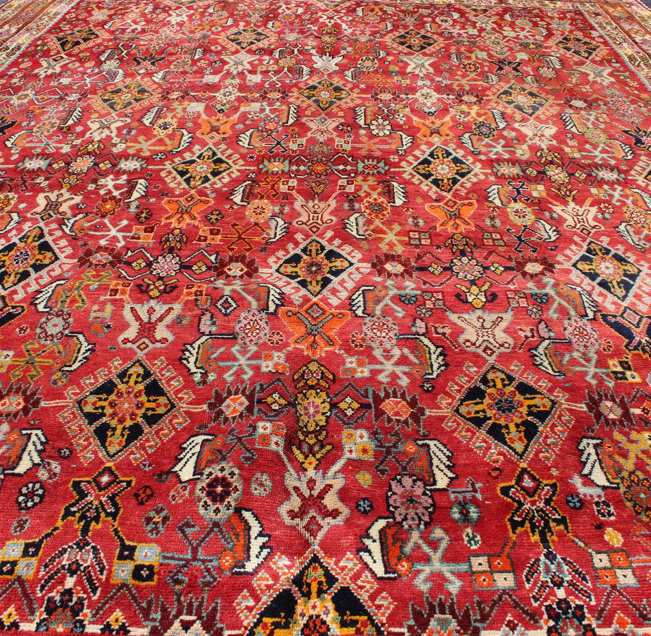 Wool Vintage Shiraz/Qashgai Persian Rug in All-Over Design in Red and Multi-Colors